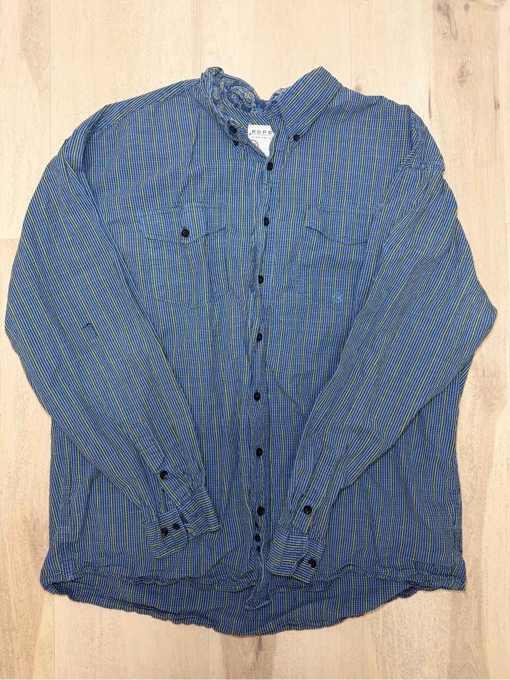 Roper Western Button Up Shirt Blue Yellow Striped Men's Button Down Shirt XXL